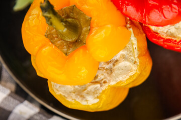bell pepper stuffed meat and rice tasty food dish second course Fresh delicious gourmet food background on the table rustic food top view copy space top view