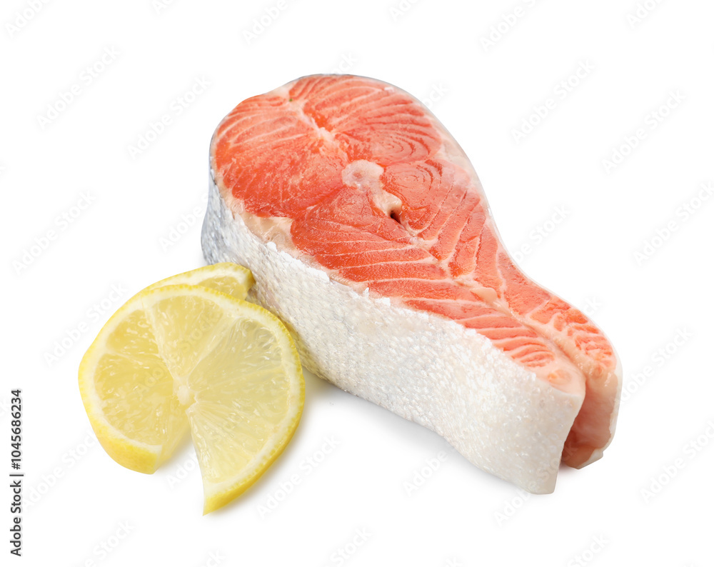 Sticker Fresh salmon steak and piece of lemon isolated on white