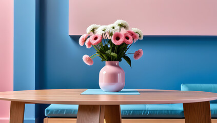 modern living room interior features wooden table flowers blue pink background created good taste always