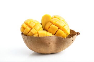 Tropical Freshness Concept: Nam Dok Mai Mango Slices Served in Coconut Shell Bowl on White Plate