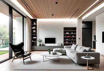 Fototapeta premium modern living rooms feature minimalist designs sofas wooden ceilings created using advanced technologies