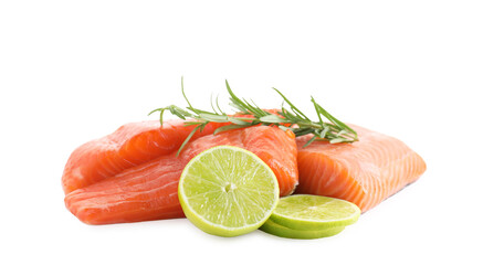 Pieces of fresh salmon, lime and rosemary isolated on white