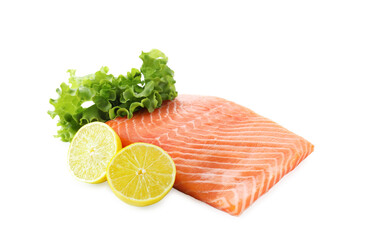 Piece of fresh salmon, lime and lettuce isolated on white