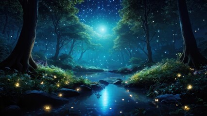 A serene, moonlit forest with glowing fireflies and a tranquil stream.
