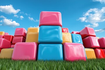Fototapeta premium A creative display of brightly colored cubes stacked on green grass, set against a clear blue sky, representing creativity, fun, and structural simplicity.