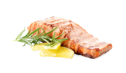 Delicious grilled salmon fillet with lemon and rosemary isolated on white