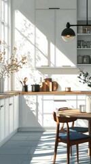Bright and minimalistic kitchen with modern design and soft natural light during the daytime