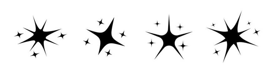 Collection of black sparkle icons featuring signs of shining and twinkling stars.