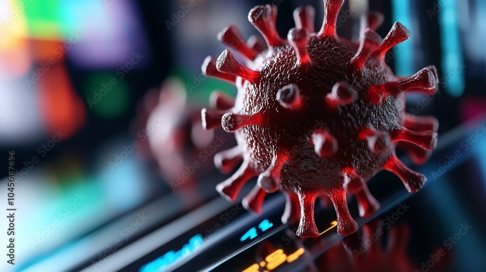 Poster a close-up of a red virus particle on a digital screen, illustrating the impact of the virus on tech
