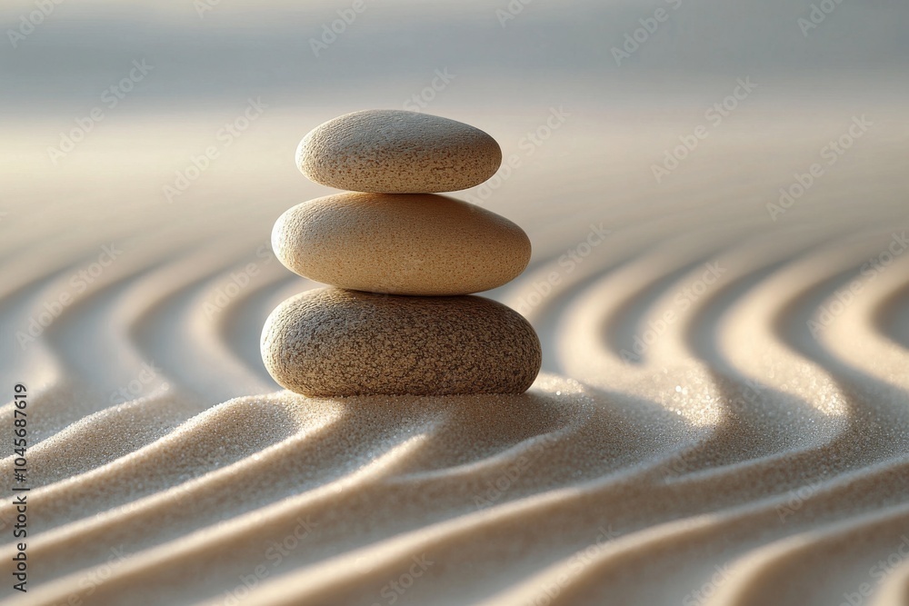 Canvas Prints Tranquil stacked stones on a sandy surface with gentle ripples in the background