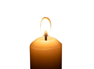 A single burning candle flame or light glowing on a big white candle isolated with clipping path in png file format