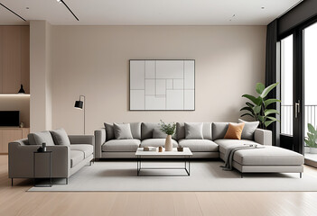 modern minimalist living room features beige walls gray sofa digital mockups interior design visualization purposes always