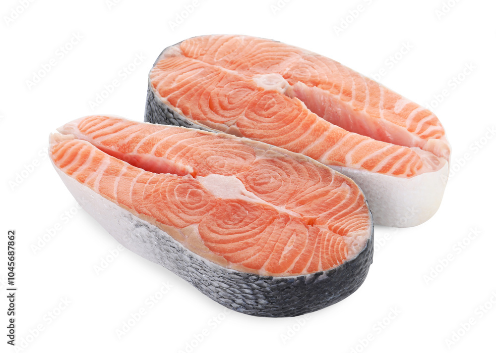 Sticker Steaks of fresh raw salmon isolated on white