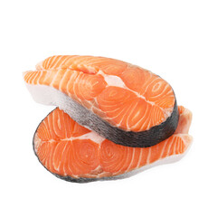 Steaks of fresh raw salmon isolated on white, top view