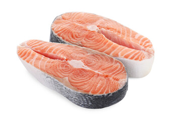 Steaks of fresh raw salmon isolated on white