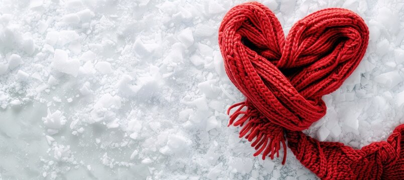 Valentine's Day Winter Banner: Red Heart-Shaped Scarf on Snowy Background for Design and Print