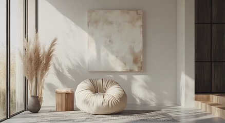 A minimalist modern interior design with accent walls painted in muted neutral tones, abstract art on the walls and soft natural textures like wood or fabric furniture.
