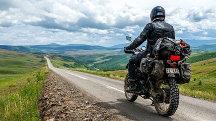 Obraz premium motorcyclist in a motorcycle jacket and tinted helmet with a classic motorcycle in nature. Stylish biker