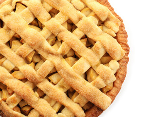 Tasty homemade apple pie isolated on white, top view