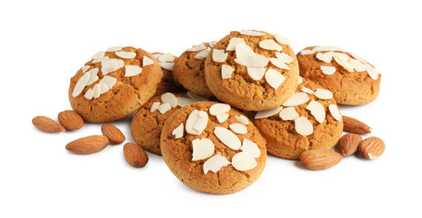 Tasty cookies with almonds isolated on white