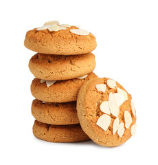 Tasty cookies with almond flakes isolated on white