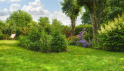 Park, garden and trees with plants by grass for eco friendly, growth and outdoor travel destination. Summer, environment and nature with greenery in meadow for botanical, sustainability and holiday