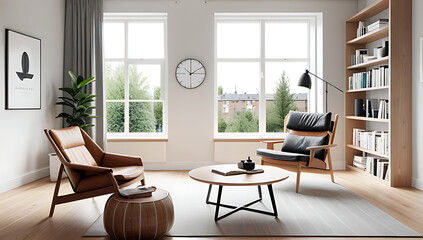 Fototapeta premium modern scandinavian living room features cozy lounge chair round coffee table wood accents window bookcase