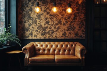 Obraz premium Cozy vintage lounge area with dark green sofa and warm glowing lights in trendy interior design