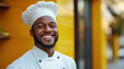 Smiling chef in uniform standing outdoors in urban setting - Powered by Adobe