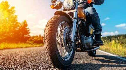 Naklejka premium motorcyclist in a motorcycle jacket and tinted helmet with a classic motorcycle in nature. Stylish biker