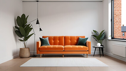 modern scandinavian living room features cute orange velvet sofa brick wall