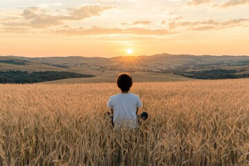 Tranquil Horizon Solitary Figure in Golden Fields at Sunset - Serene Rural Landscape of Contemplation and Beauty