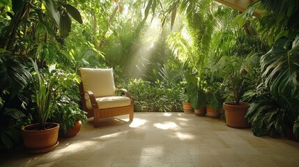 Tranquil Tropical Patio Oasis Serene Wooden Armchair Amid Lush Greenery, Relaxation Haven with Sunlit Palm Trees for Resort and Wellness Concepts