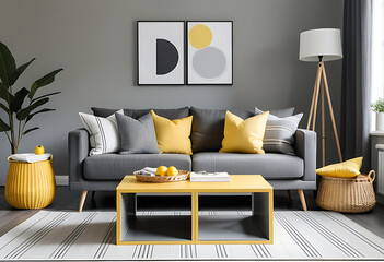 modern sofa yellow pillows cozy scandinavian style surrounded wicker basket dark grey accents home