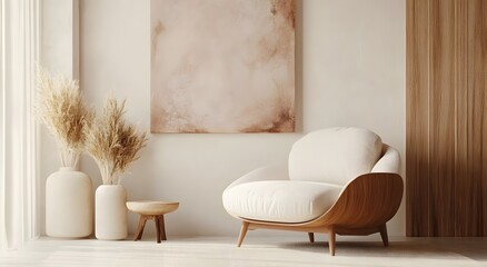 A minimalist modern interior design with accent walls painted in muted neutral tones, abstract art on the walls and soft natural textures like wood or fabric furniture.