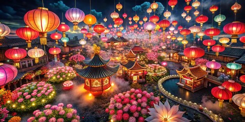 Naklejka premium Festive Chinese New Year Silhouettes with Lanterns, Clouds, and Traditional Patterns