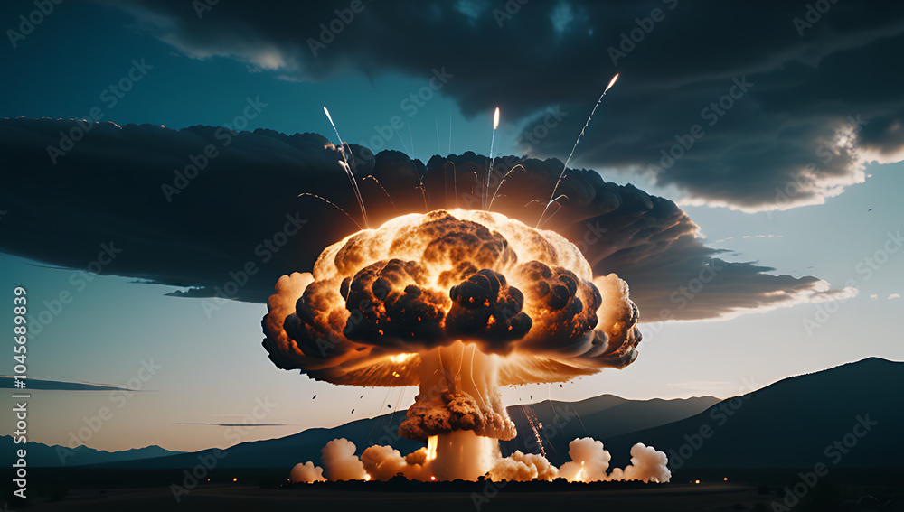 Poster nuclear bomb explosion produces mushroom cloud based generative ai simulations data analysis