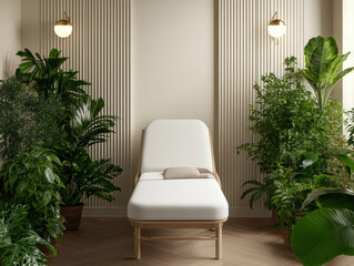 serene spa treatment area featuring comfortable lounge chair surrounded by lush greenery, creating tranquil atmosphere for relaxation and rejuvenation