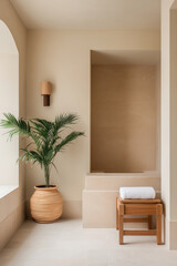luxurious indoor spa featuring serene meditation corner, complemented by stylish plant and elegant wooden furniture. calming atmosphere invites relaxation and tranquility