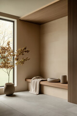 serene indoor space featuring minimalist meditation corner with cozy bench, decorative vases, and calming atmosphere. natural light enhances tranquil vibe