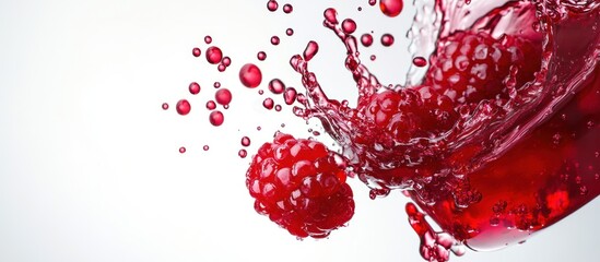 Red raspberry splashing into a liquid with droplets and bubbles.