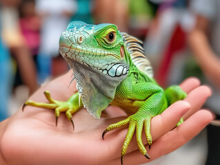 Fototapeta premium A vibrant green iguana with striking features sits calmly in the open palm of a human, showcasing the unique interaction between humans and reptiles in vivid color detail.