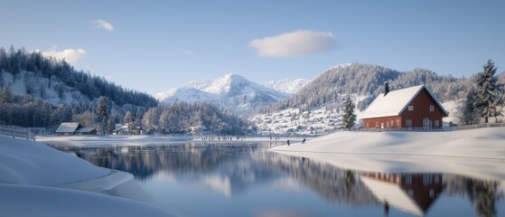Fototapeta premium A serene winter landscape featuring a charming red cabin by a reflective lake surrounded by snow-capped mountains and pine trees under a clear blue sky