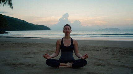 Fototapeta premium A woman meditates in lotus pose on a serene beach at sunset, embodying tranquility as gentle waves kiss the shore.