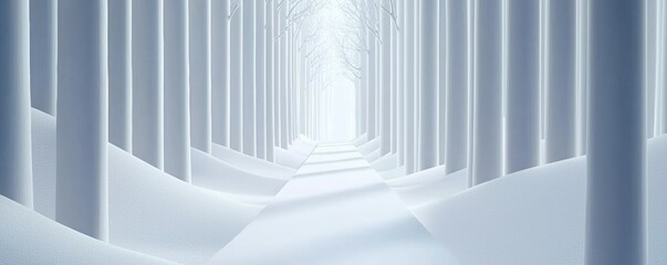A serene winter pathway embracing the tranquility of a snow-covered forest scene bathed in white light and nature's stillness