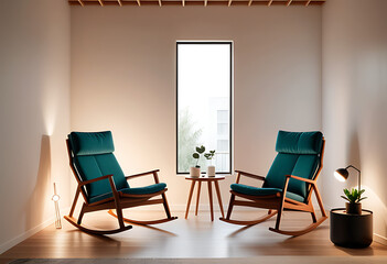 rocking chairs sit small room warm interior lighting cozy ambiance