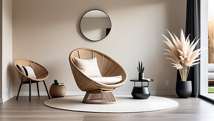 rustic minimalist home decor features round lounge chair pampas grass stucco wall surrounded modern furniture empty space