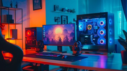 Modern gaming setup with a computer, keyboard, mouse, headphones, and monitor with a sunset wallpaper in a neon-lit room.