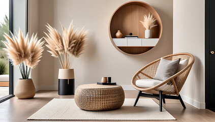 rustic minimalist home decor features round lounge chair pampas grass stucco wall surrounded modern furniture empty space