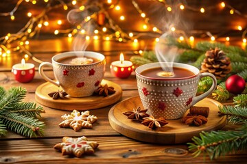 Fototapeta premium Festive Christmas Coffee Cups: Cozy Holiday Vibes and Warmth in Product Photography